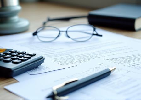 Documentos legales y calculadora sobre un escritorio, simbolizando auditoría y cumplimiento