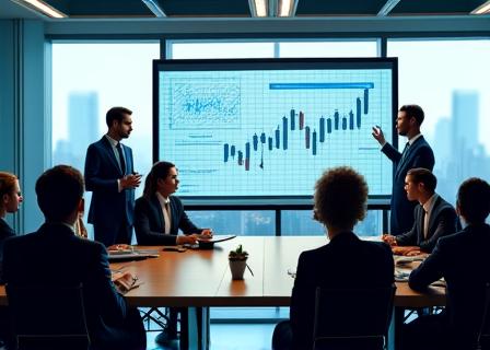Grupo de ejecutivos en una sala de reuniones discutiendo gráficos de finanzas corporativas
