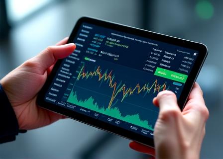 Manos trabajando en una tablet con software de análisis de datos financieros